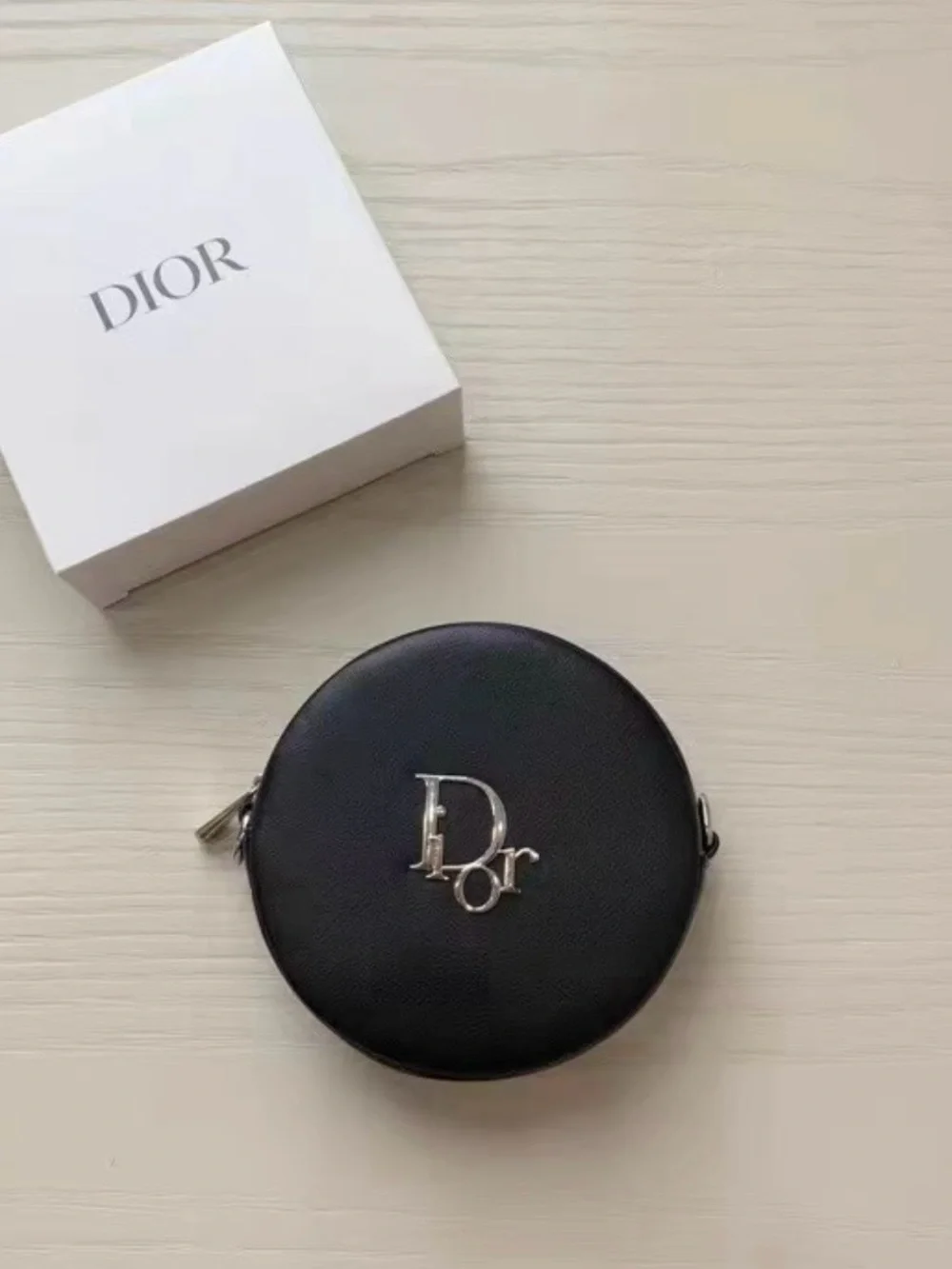Dior Black Mini Round Cosmetic Crossbody Bag with Silver Chain